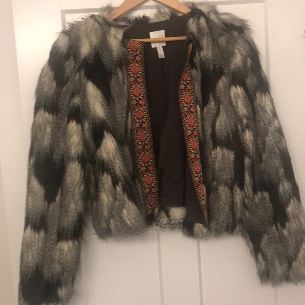 Beautiful Black, Gray and Cream Faux Fur Jacket